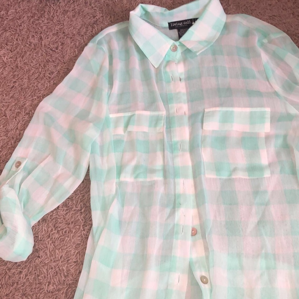 TEAL AND WHITE GINGHAM SHIRT